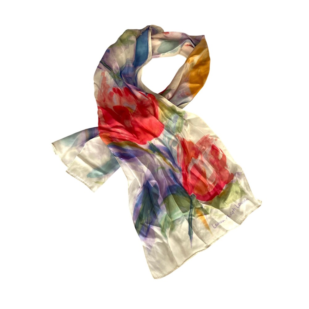 Lauren Ralph Lauren Silk Scarf Watercolor Floral Tulip Red Purple Oblong 54x11